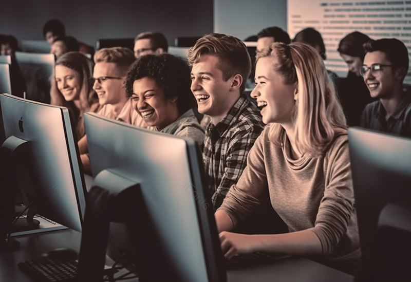 一群活力四射快乐的学生在计算机实验室课堂上交流探讨摄影背景,高清,摄影图,摄影图片,图片大全,摄影图免费下载